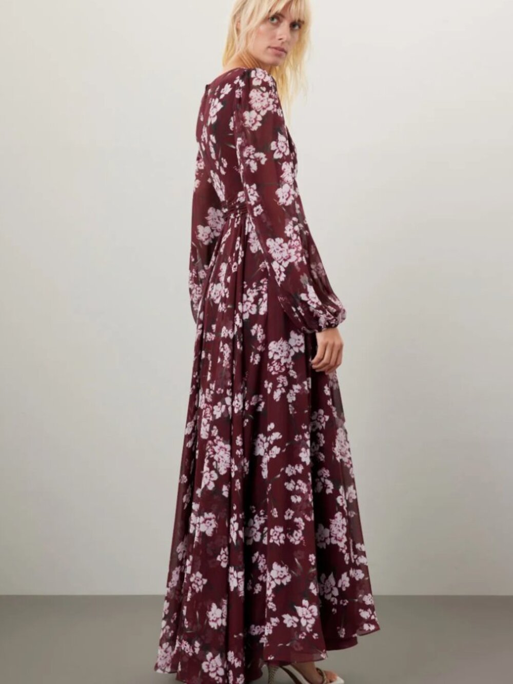 Mac Duggal Burgandy Floral Long Sleeve Chiffon Gown 4 - Picture 2 of 11